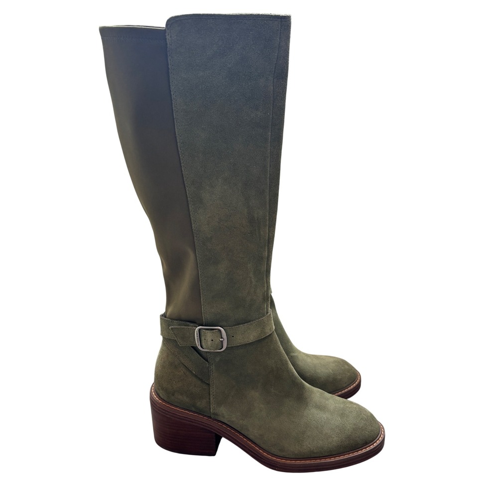 Vince Camuto Knee High Suede Boots Womens 10W Olive Green Block Heel Buckle